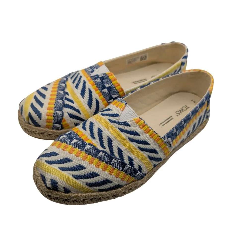 TOMS Espadrille Flats Blue Yellow Woven Geometric Alpargata - 7